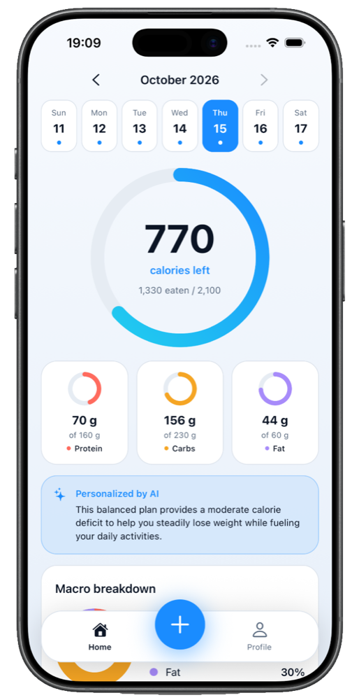 CarboLens home screen with calories left, macro rings and an AI note